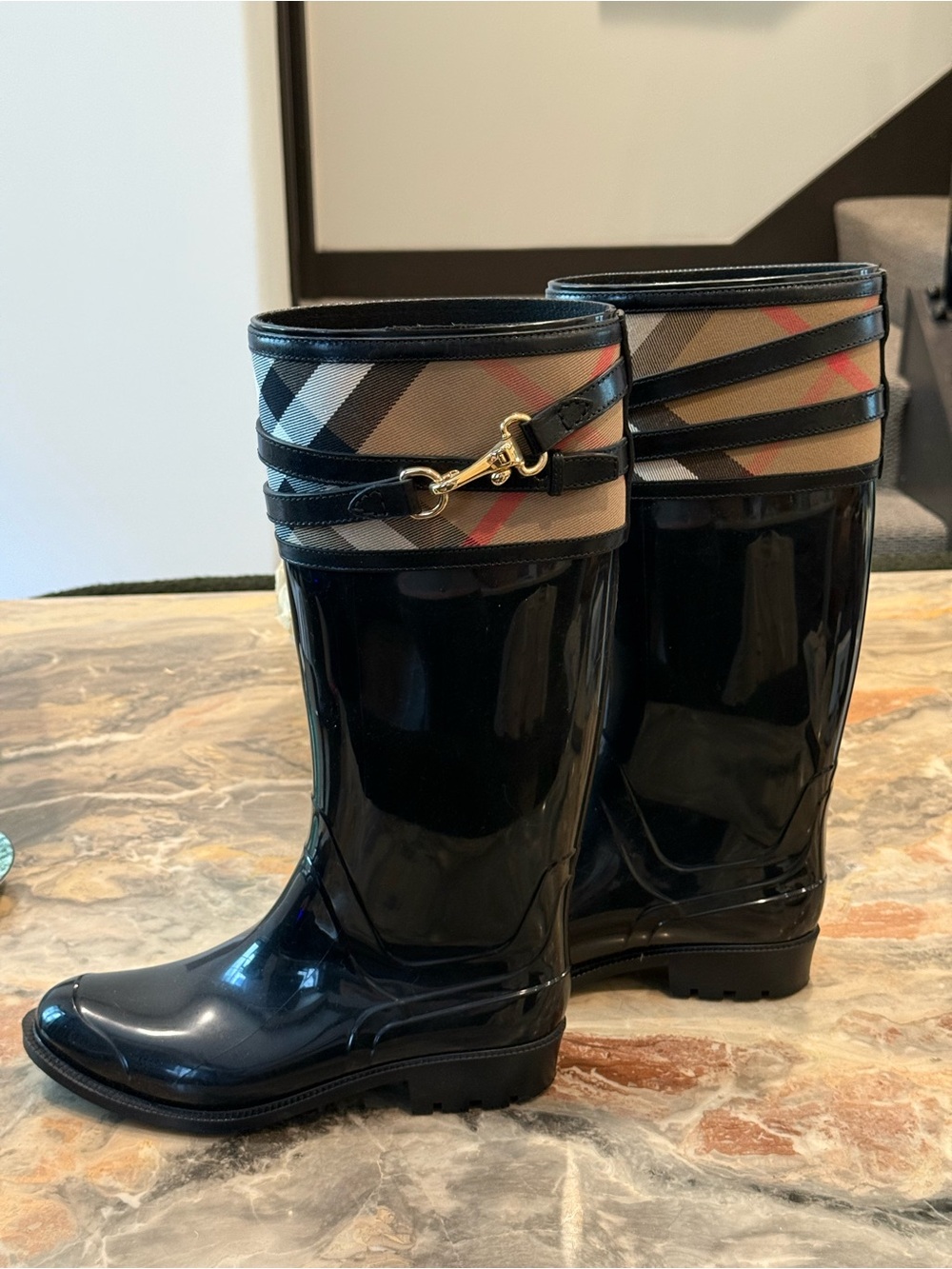 Burberry Nova Check Rubber Rain Boots Black Riding Boots Gold Hardware EU 38 - Picture 4 of 10